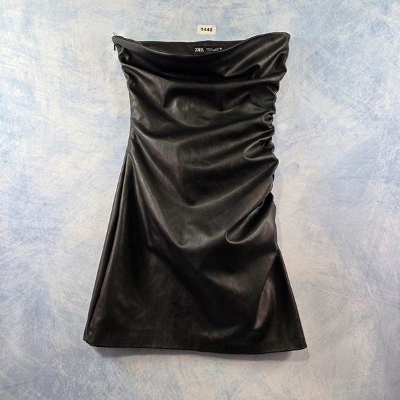 Zara Dresses & Skirts - Zara Womens Black Faux Leather Ruched Strapless Mini Tube Dress Small
